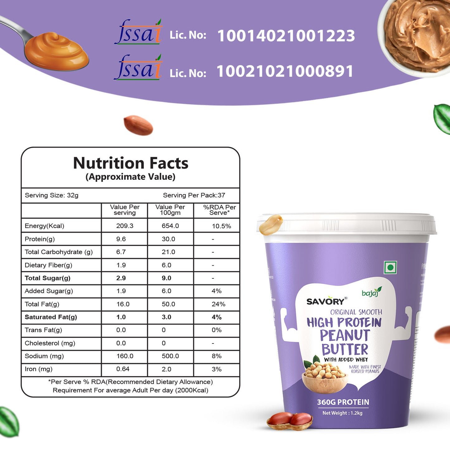 Savory Original Smooth High Protein Peanut Butter (1.2kg)