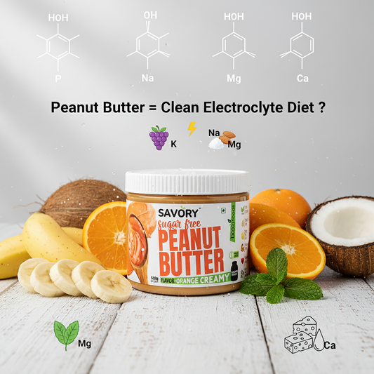 A peanut butter jar is surrounded by fresh fruit and electrolyte symbols.