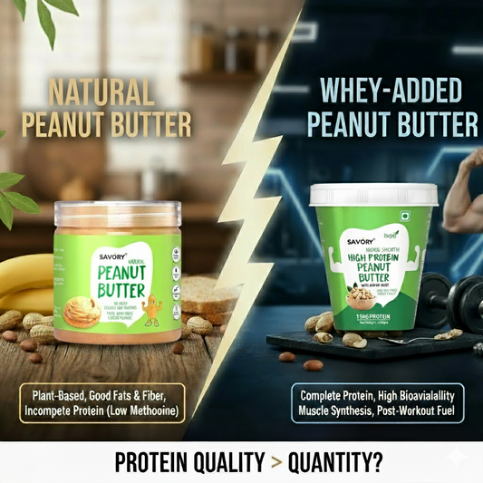 Comparison of Natural Peanut Butter vs. Whey-Added Peanut Butter, featuring Savory Natural Peanut Butter jar and Savory High Protein Peanut Butter tub for fitness and nutrition blogs.