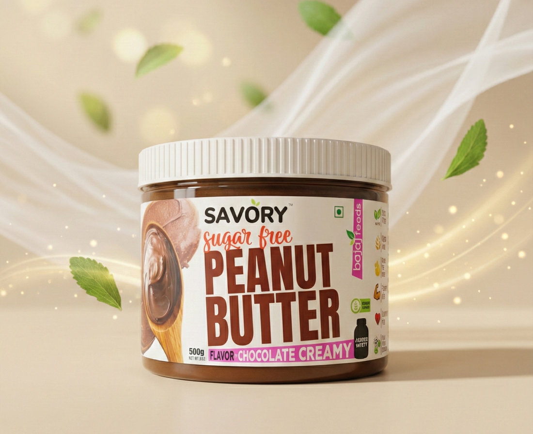 Peanut Butter Jar of Savory in environment with stevia and fos element