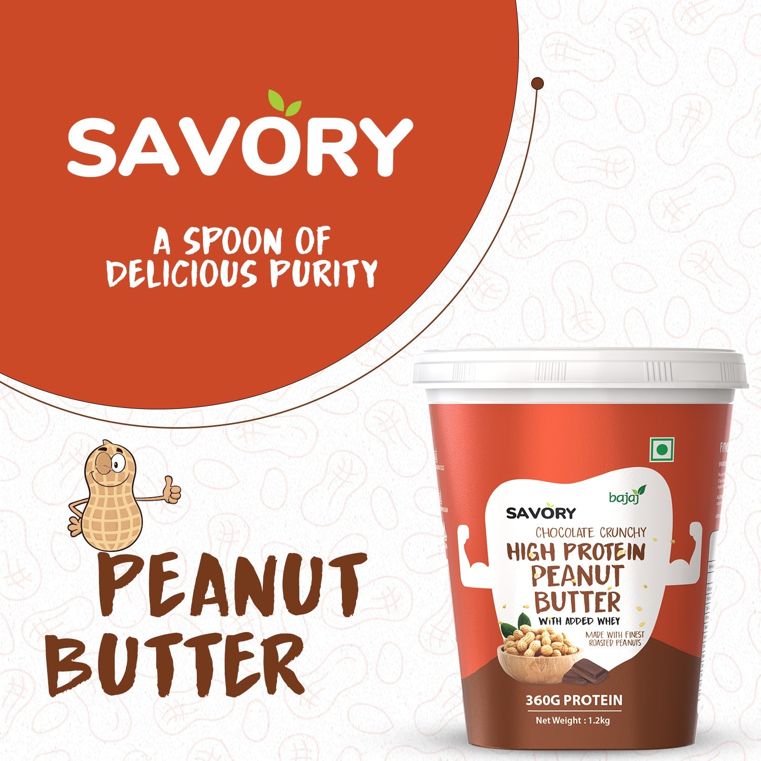 Savory peanut butter container with branding and product details on a white background