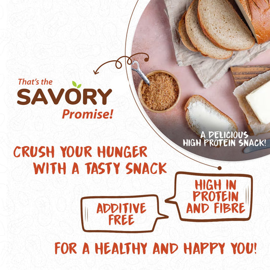 Promotional graphic for Savory snacks with text and images of bread and spreads.