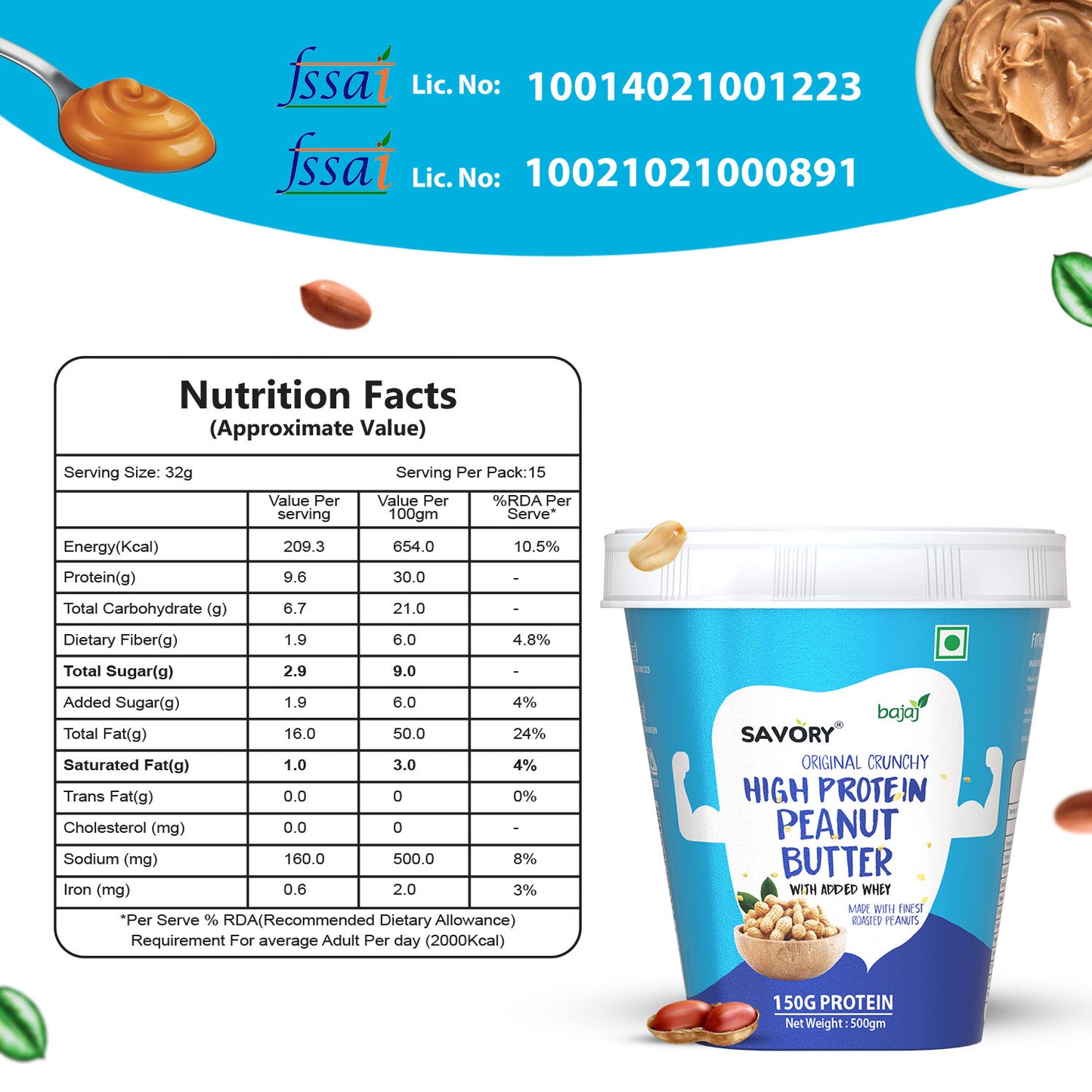 Savory Original Crunchy High Protein Peanut Butter (500g)